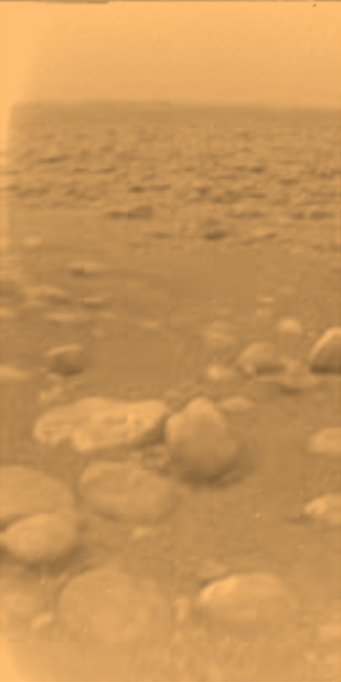 Huygens landing site on Titan, a pebbled shoreline of another chemistry