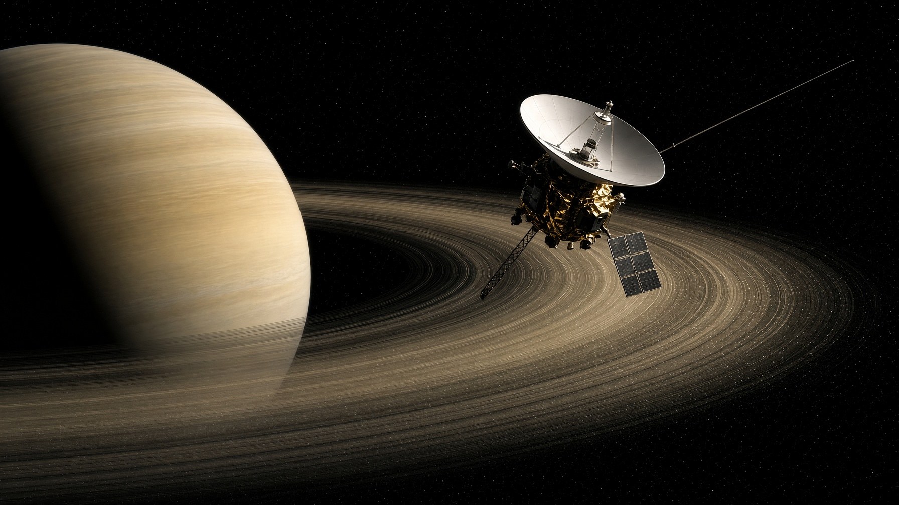 Cassini spacecraft in Saturn orbit, high-gain antenna facing the viewer, thin ice rings behind