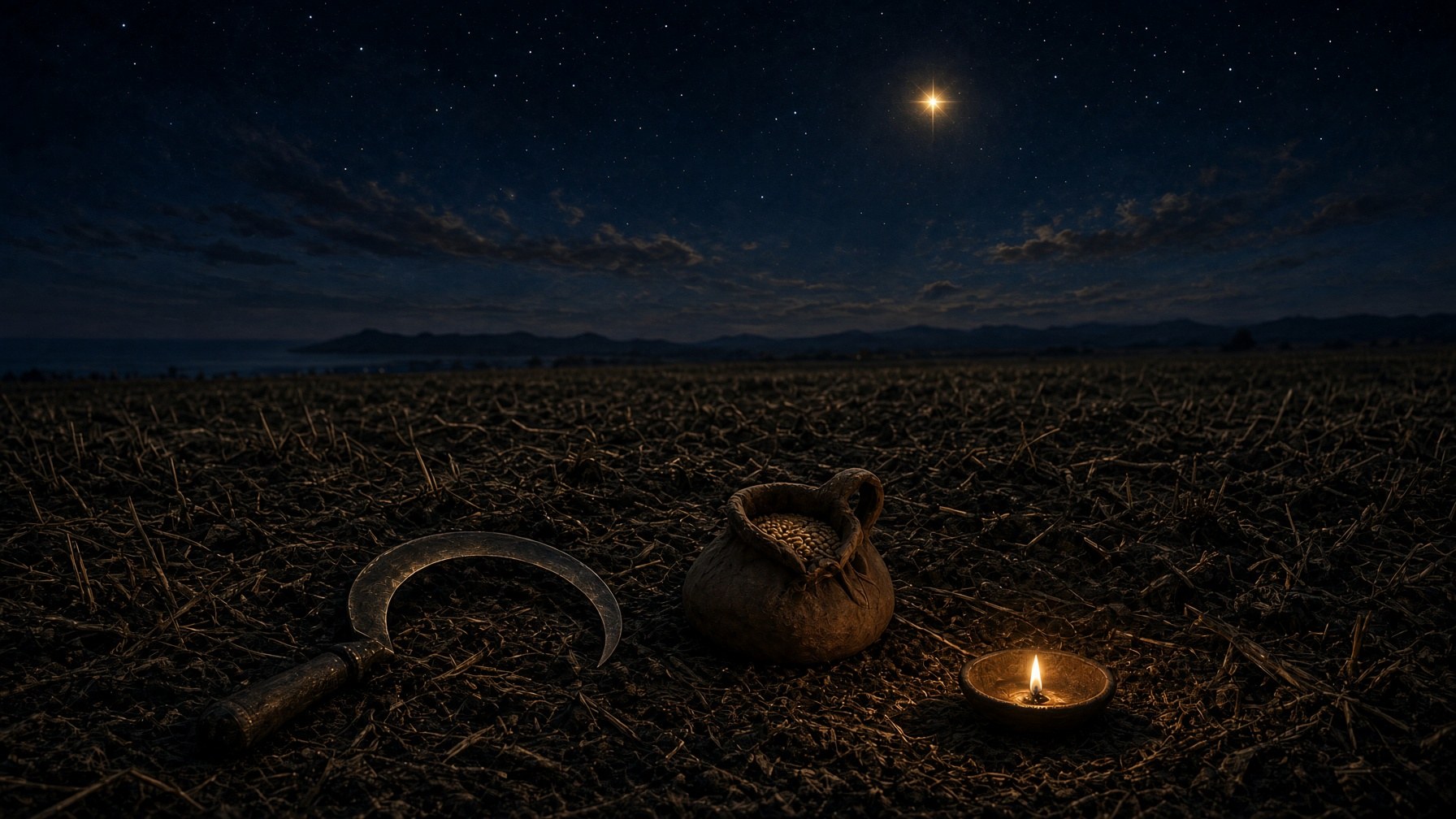 Night harvest field, bronze sickle, oil lamp, one slow cream wanderer in the sky