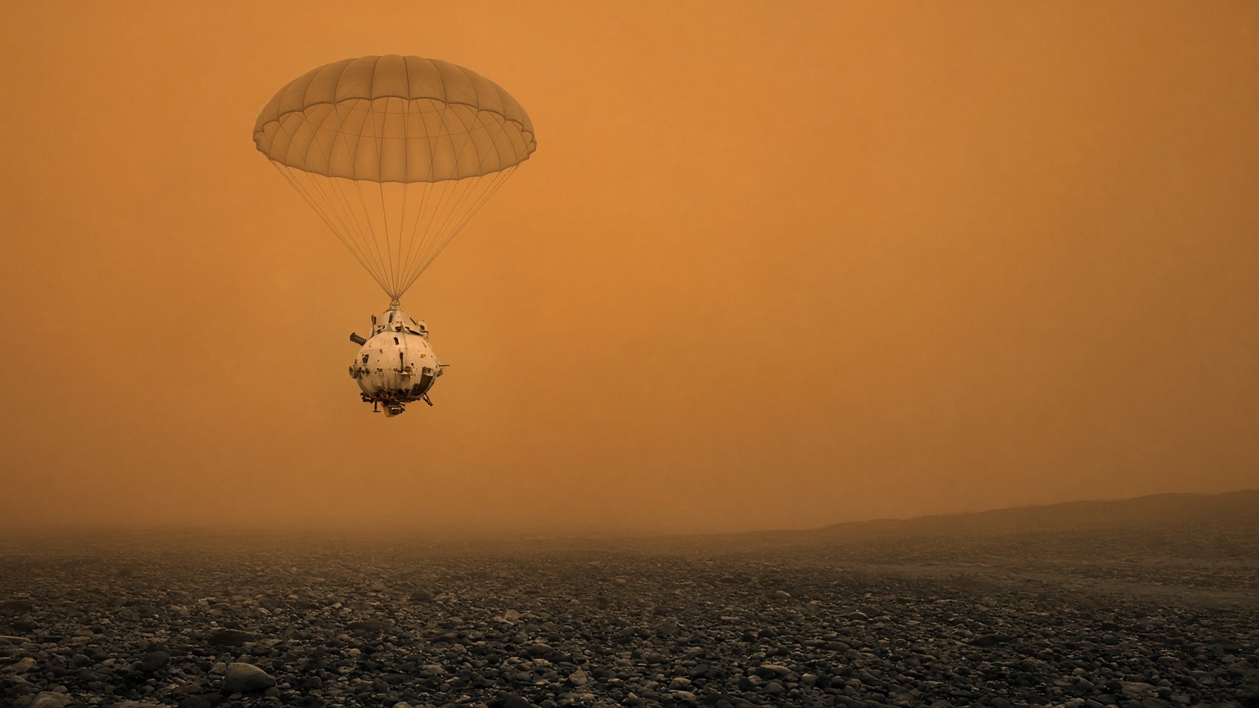 Huygens probe descending under a parachute through orange Titan haze toward a dark shoreline
