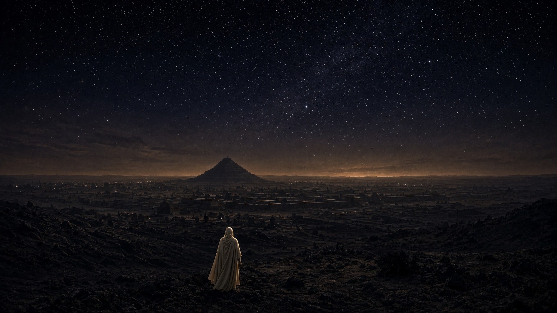 A Babylonian night with a distant ziggurat and a slow cream wanderer in a dense star field