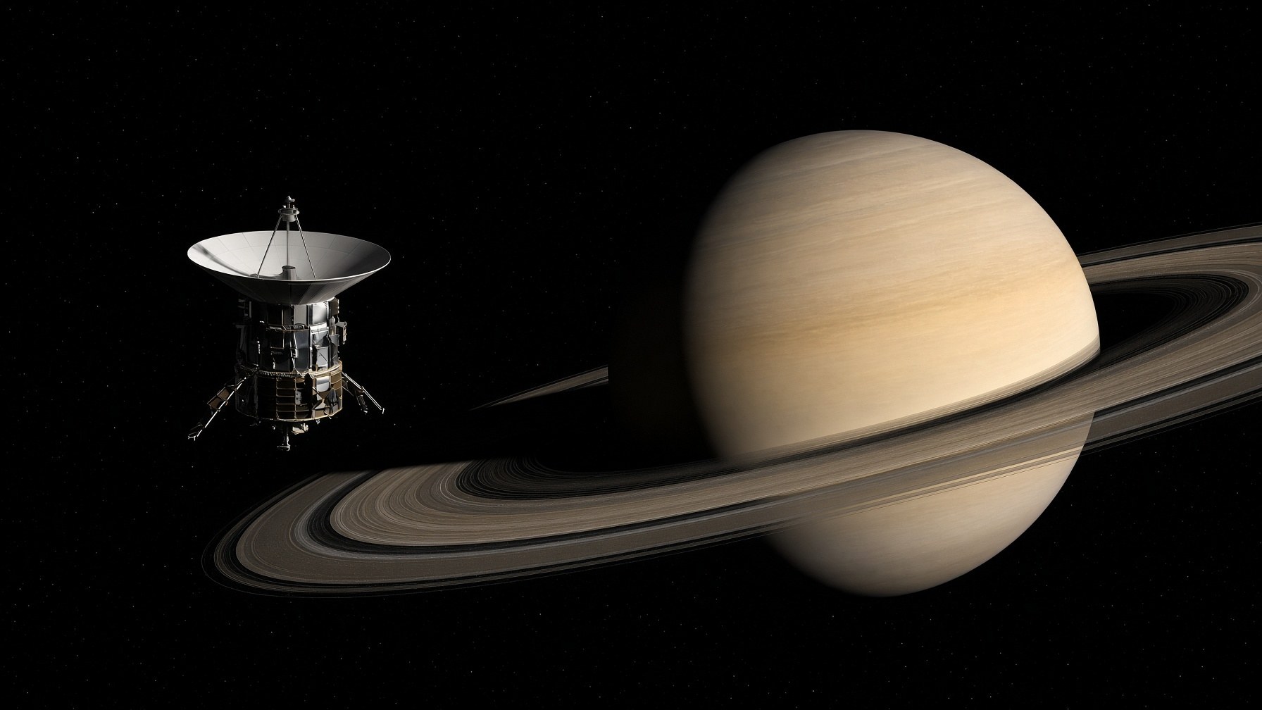 Pioneer 11 approaching pale gold Saturn and thin ice rings in 1979