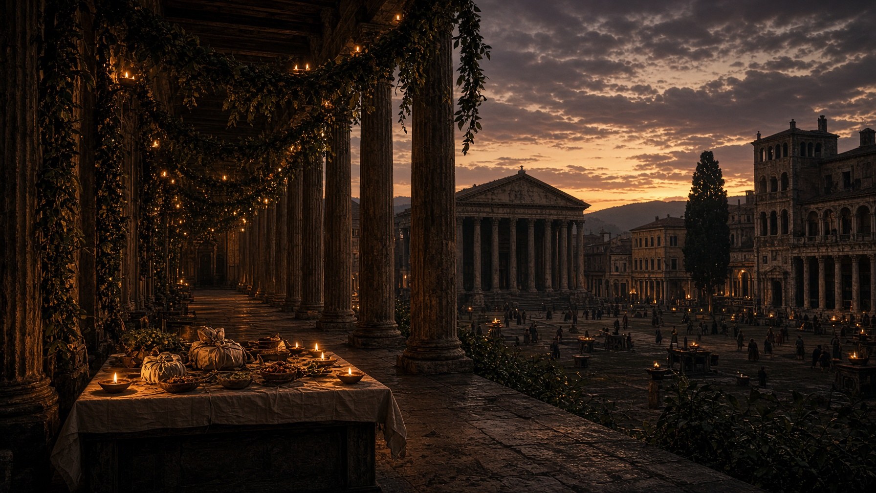 Saturnalia at dusk in a colonnade: lamps, garlands, a public table of small gifts
