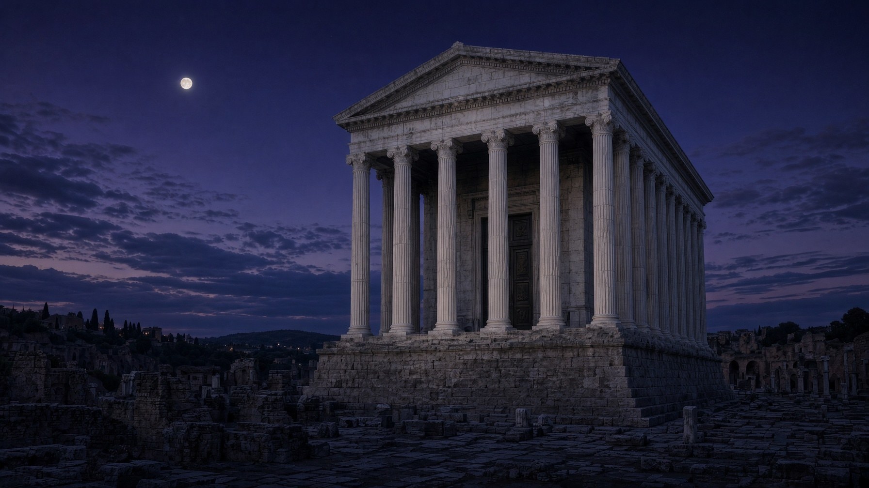 Reconstructed Temple of Saturn on the Roman Forum at twilight, a slow wanderer above the columns