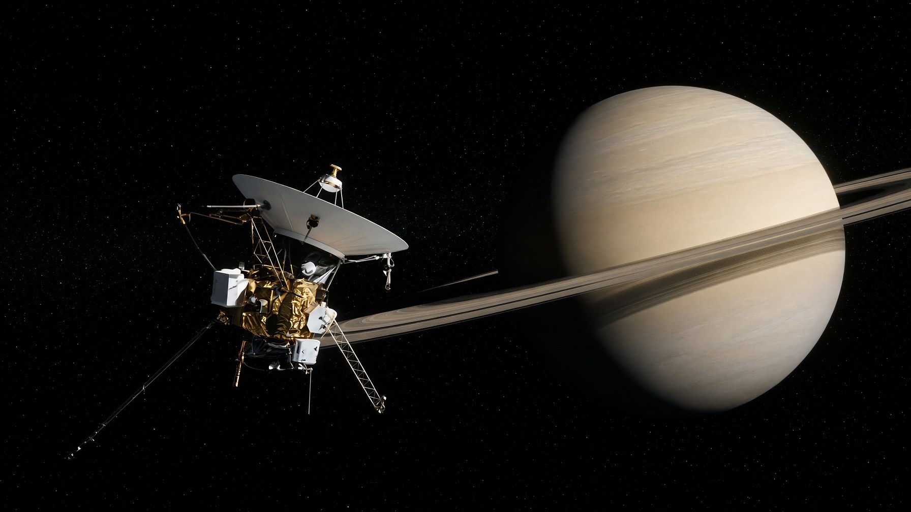 Voyager 1 approaching pale Saturn and thin ice rings