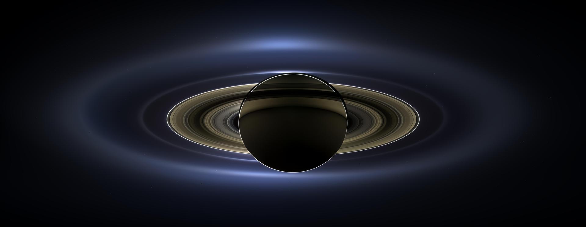 Cassini mosaic of the unlit face of Saturn’s rings, a continuous plane of ice